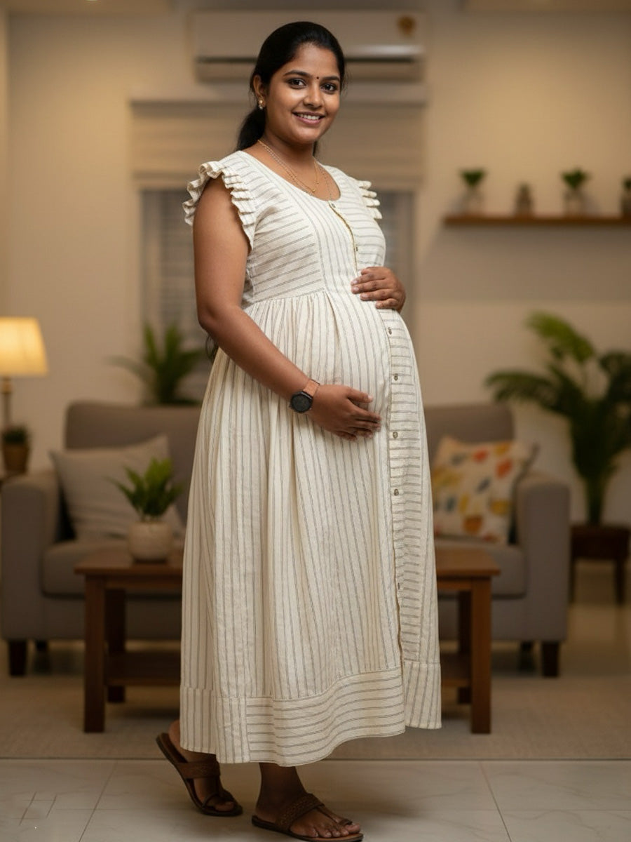Cream Organic Cotton Maternity & Feeding Dress – Elegant Fine Black Striped print