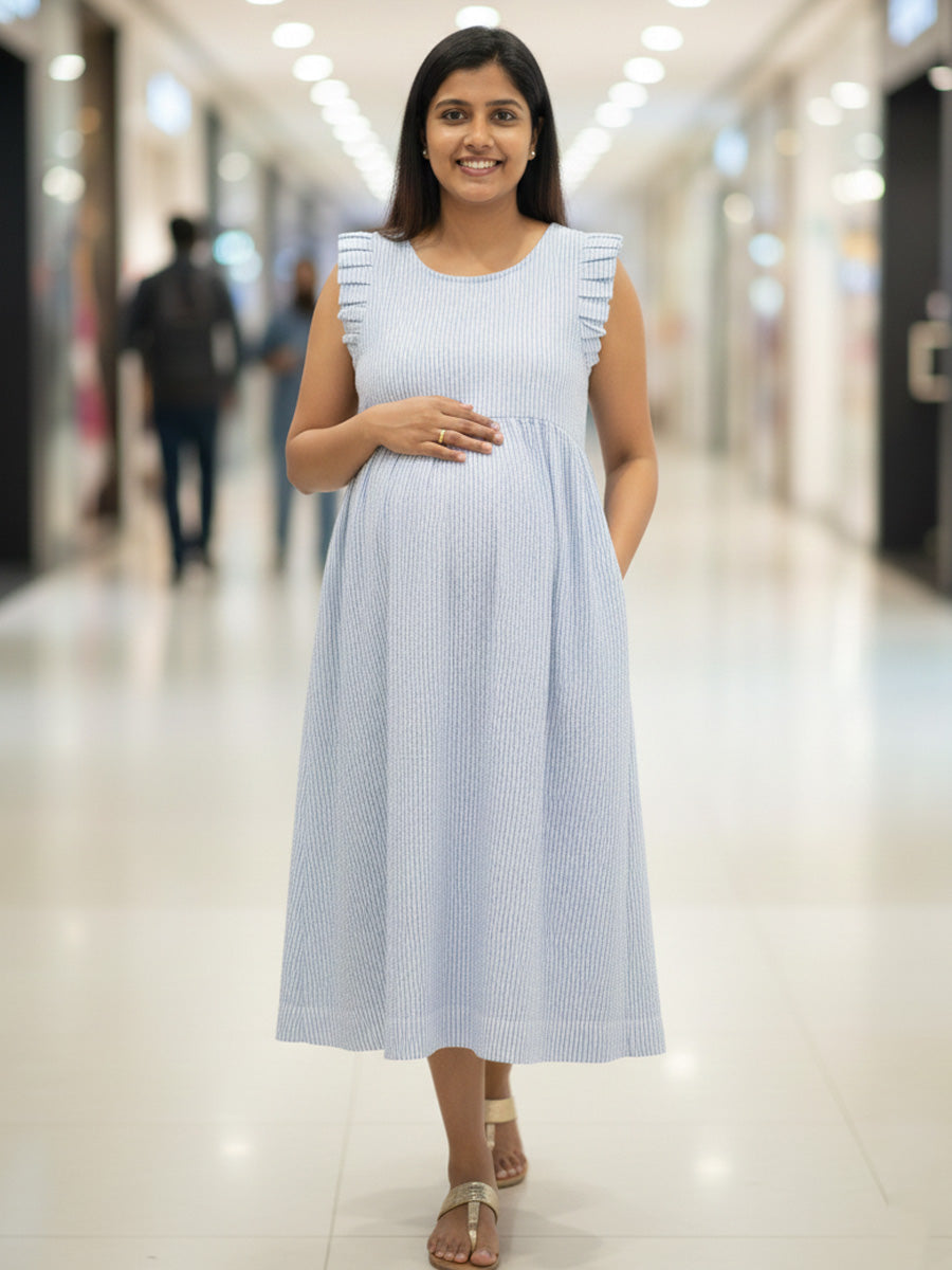 Blue Vertical Striped Cotton Maternity & Nursing Dress