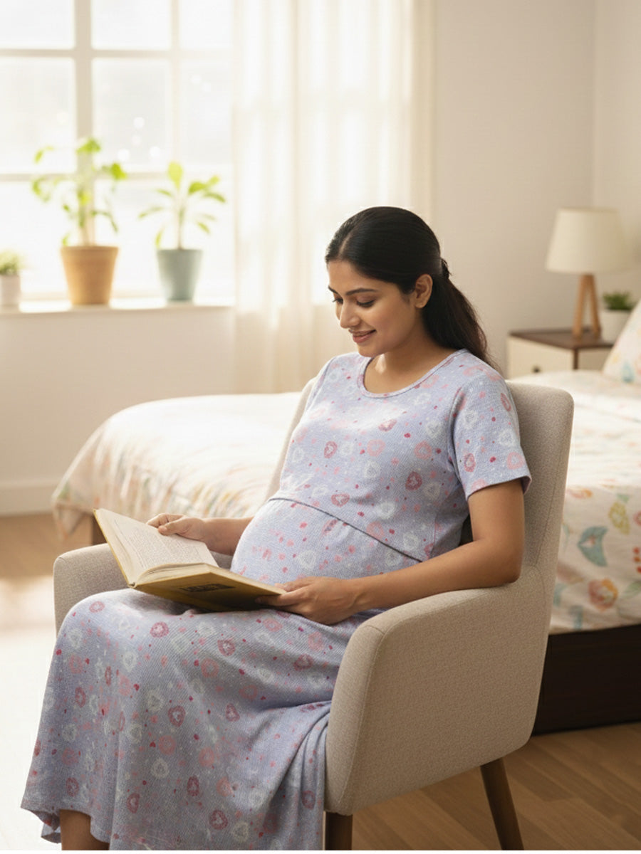 Blue & White Micro-Check Heart Print Maternity & Feeding  Zipless dress