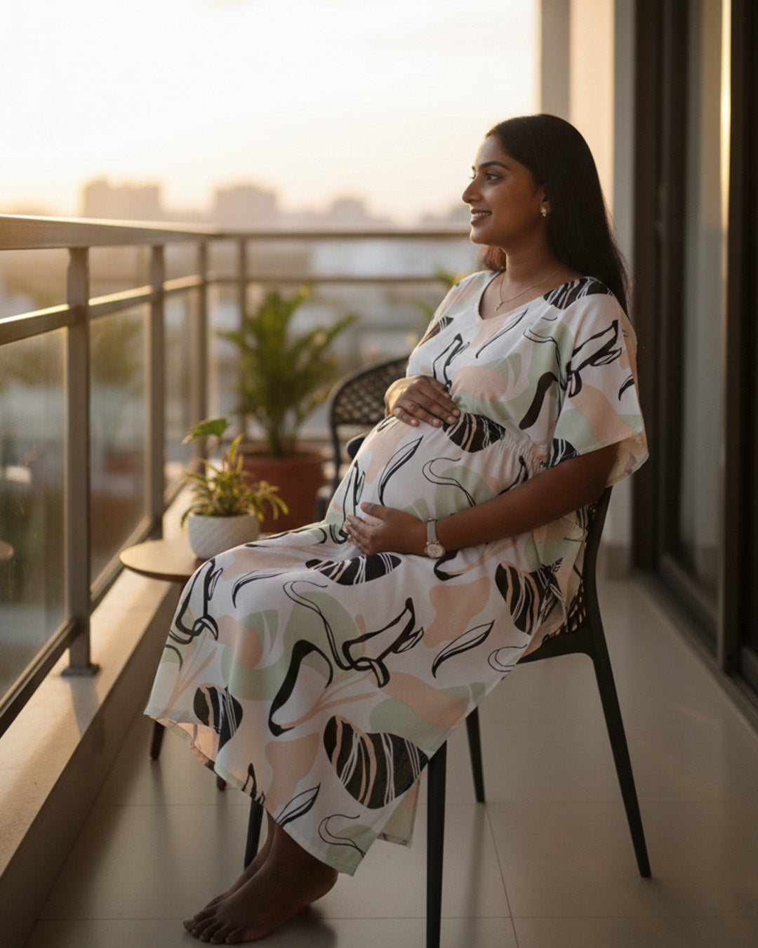 Maternity & Nursing Kaftan – White with abstract print & dual Zips | ziva