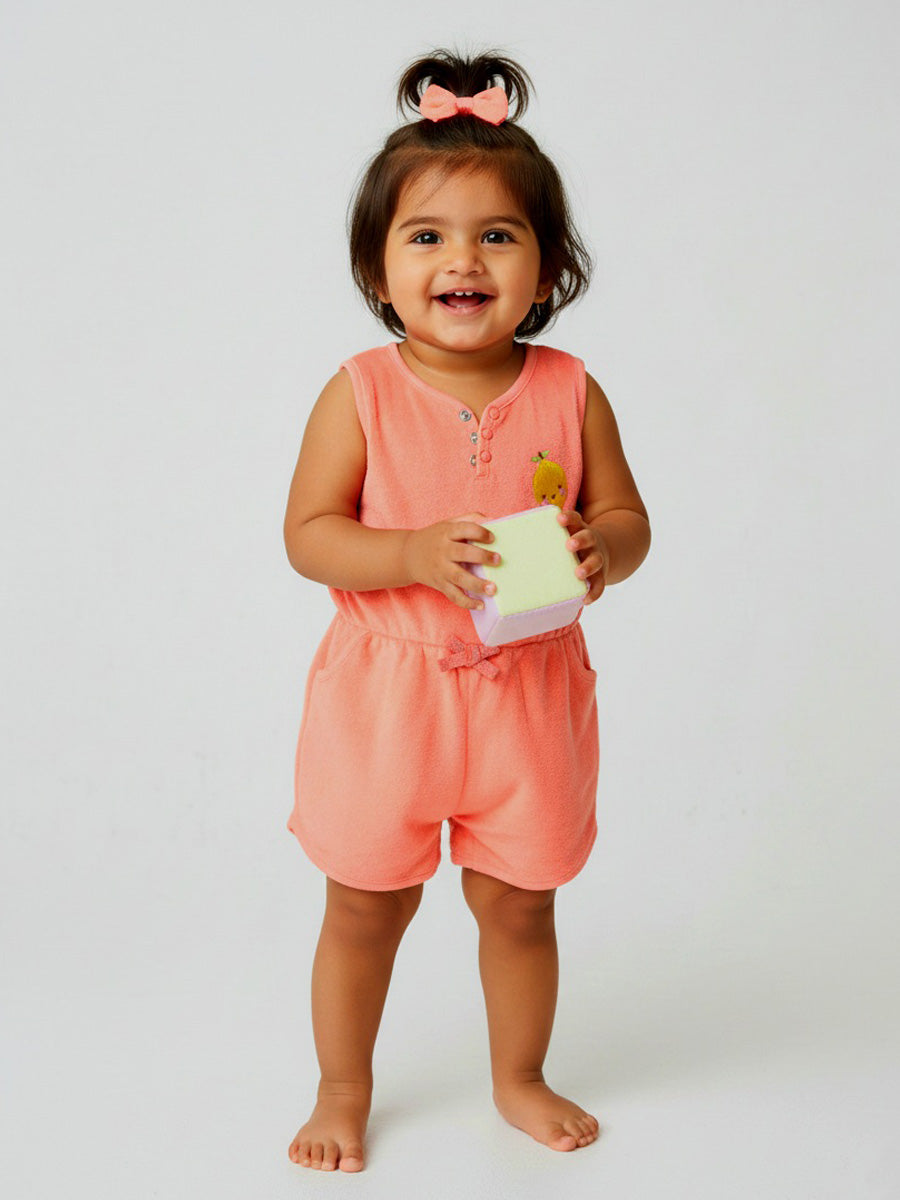 Peach Color Jumpsuit in Terry Fabric with Lemon Embroidery | 0–3M to 3Y