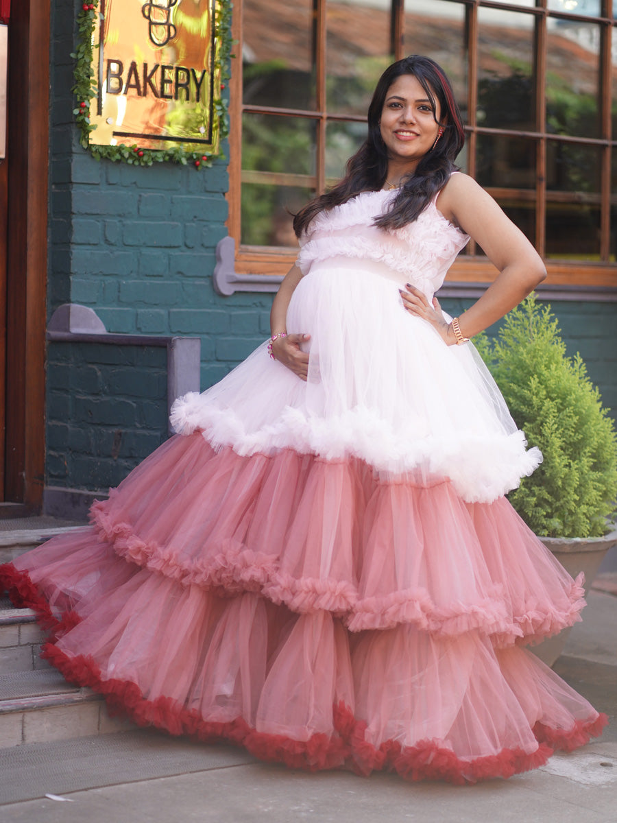 Stylish Baby Shower & Photoshoot Ombre Ruffle Pattern Maternity Gown in Pink–Peach–Red