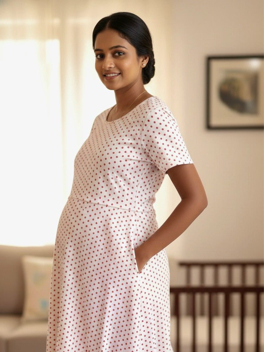 ZIVA Zipless Maternity & Feeding Dress – White with Red Polka Dot Print