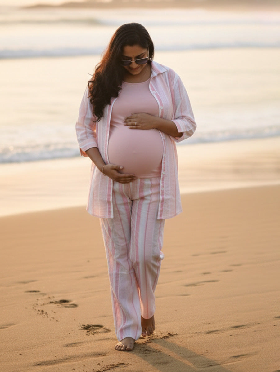 Ziva Pink & Peach Cotton Striped Maternity & Feeding Co-ord Set with Inner Baniyan (3-Piece Set)