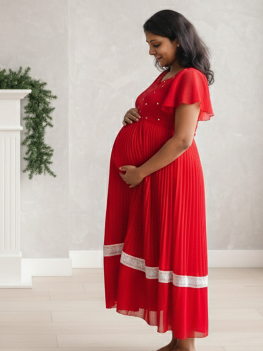 Maternity Midi Dress Festive Red ZIVAMOMS Maternity Midi Dress Festive Red ZIVAMOMS