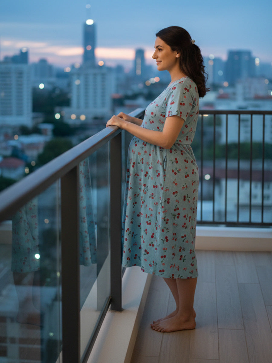 Zipless Maternity & Feeding Dress – Sky Blue Cherry Print | Ziva