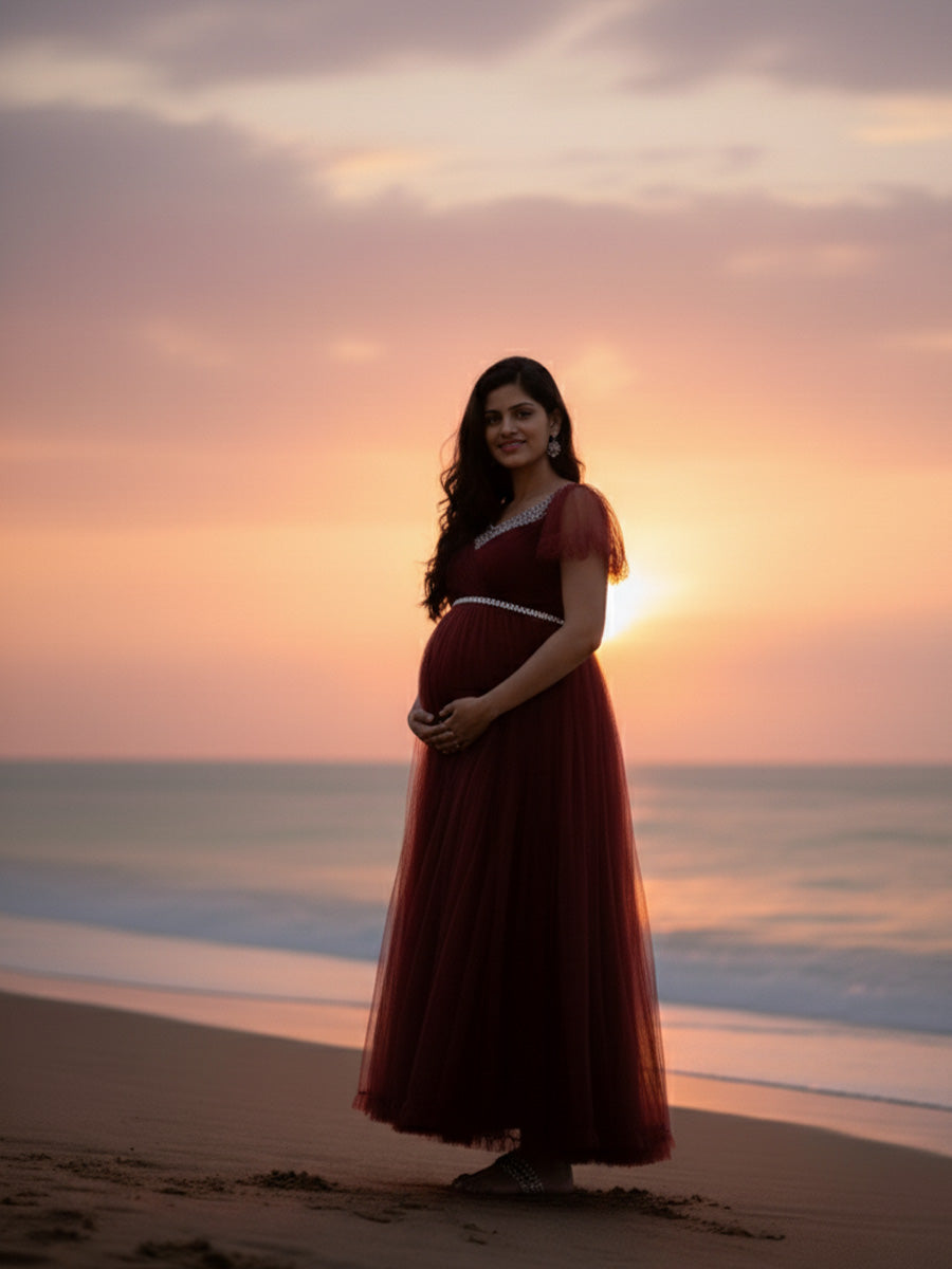 ZIVA Graceful Brown Maternity Baby Shower & Photoshoot Gown with D-Net Flutter Sleeves