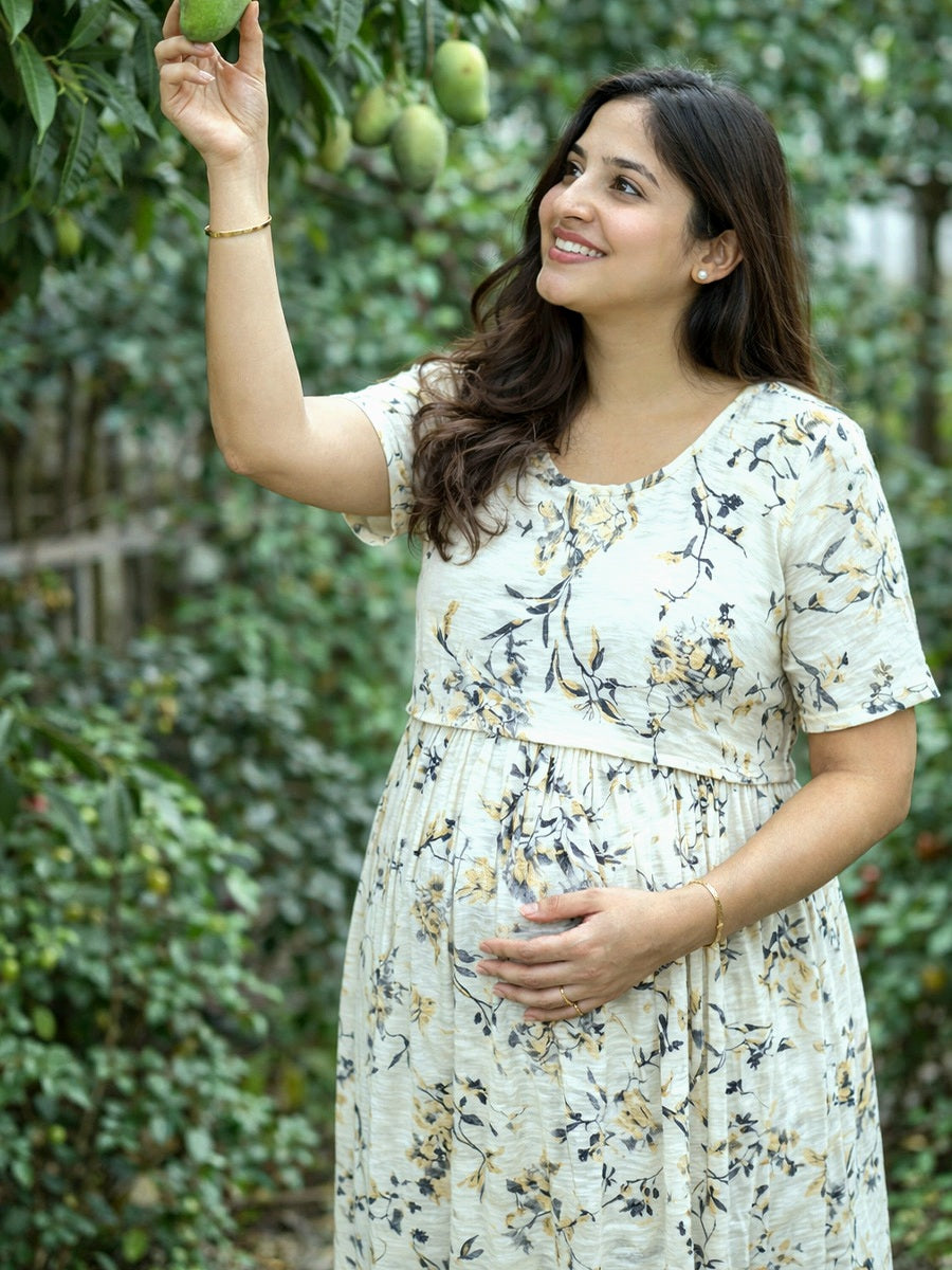 ZIVA Off White Botanical Zipless Maternity & Feeding Dress with Adjustable Tie and Side Pocket