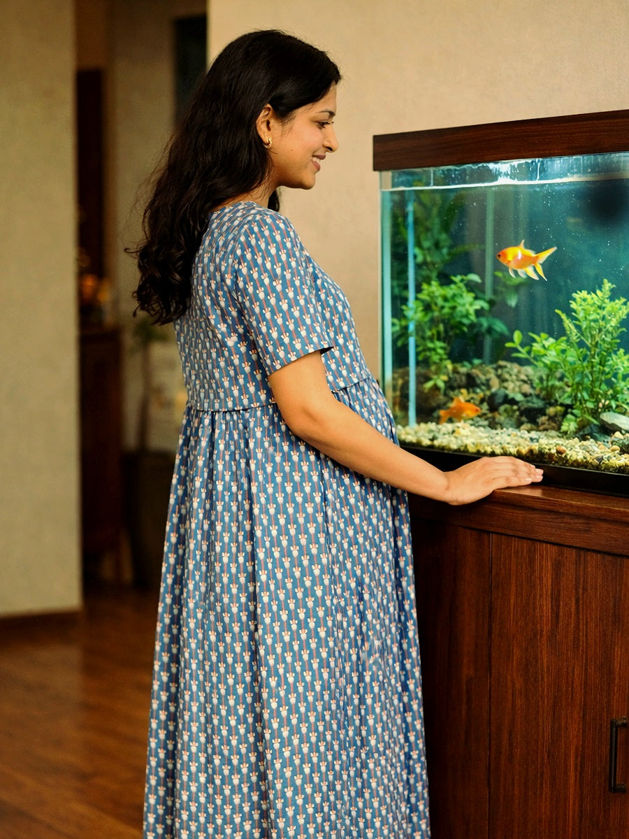ZIVA Peacock Blue Floral Block Print Zipless Maternity & Feeding Dress with Adjustable Tie and Side Pocket