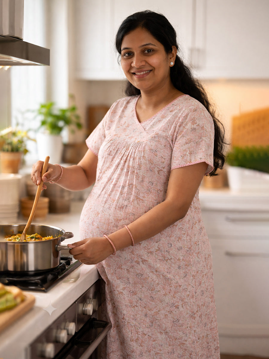 Ziva Cotton Maternity & Feeding Short Nighty with Pocket and Two Side Invisible Feeding Zips  – Pink & Light Brown Floral