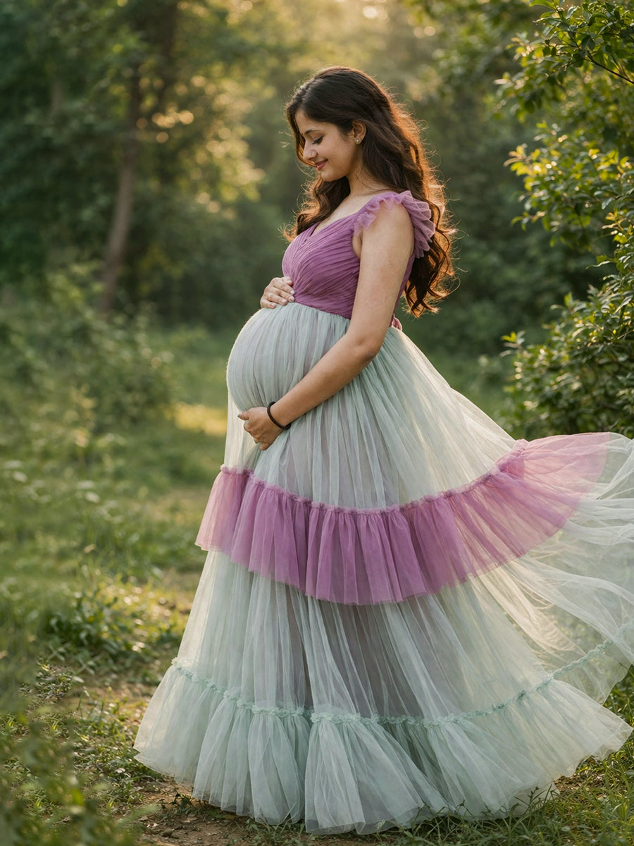 Ziva Maternity Photoshoot & Baby Shower Stylish Gown with Front Zip – Aqua Blue & Purple