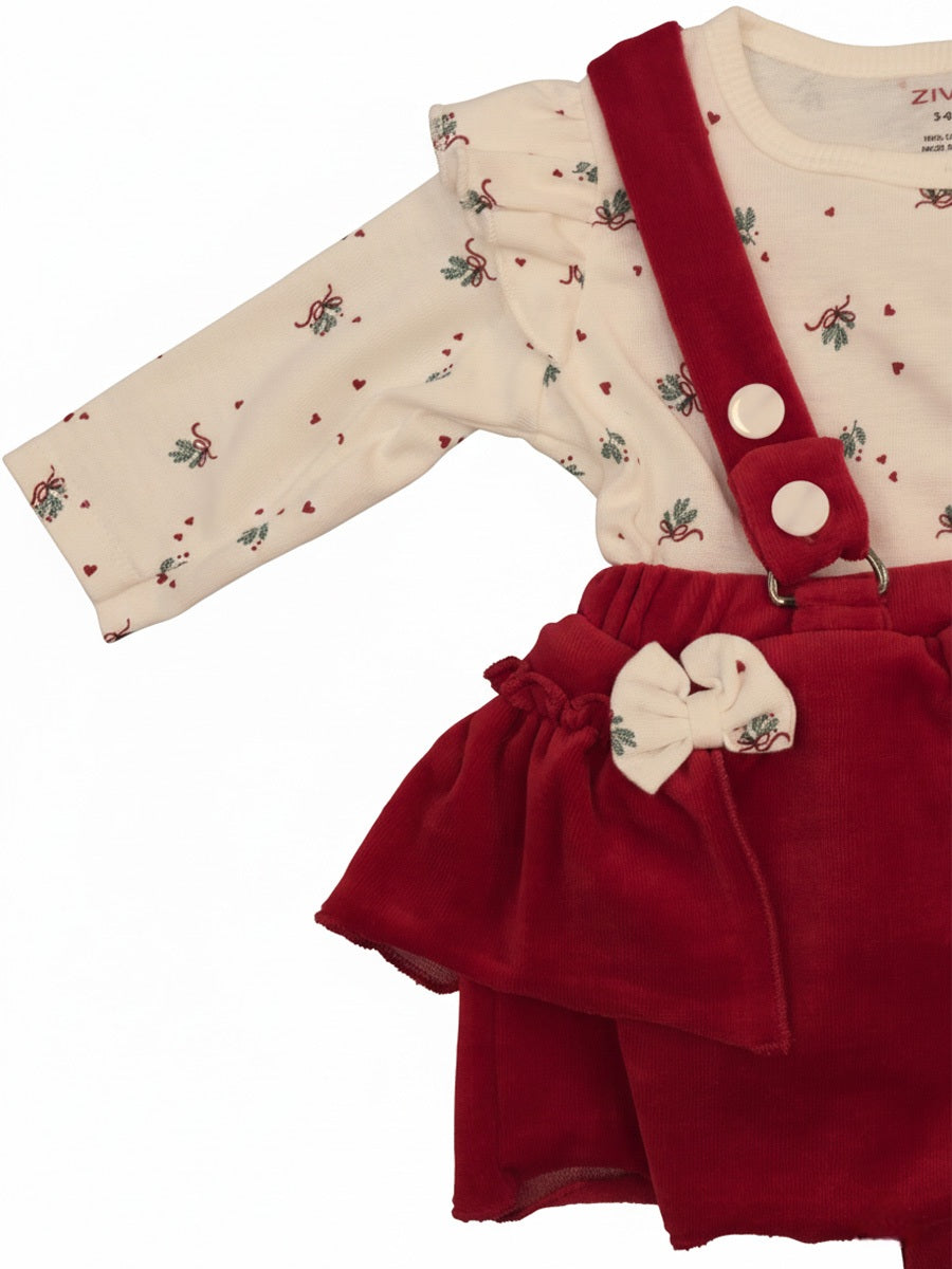 White Ruffle Sleeve T-Shirt & Red Velvet Suspender Skirt Baby Girl Outfit