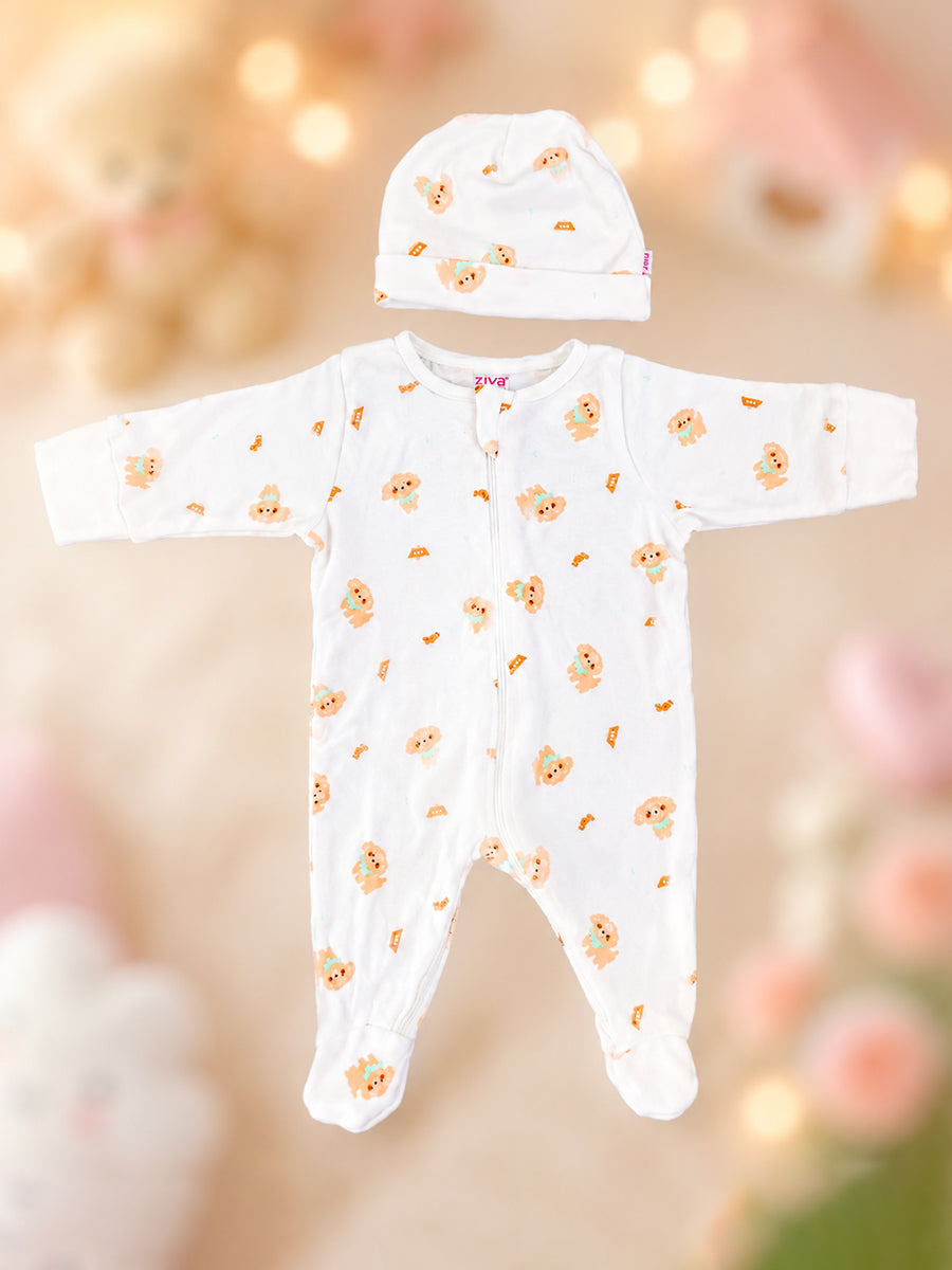 Ziva Knitted Cotton Baby Sleepsuit with Cap – Puppy Bear Print | Soft Ivory White