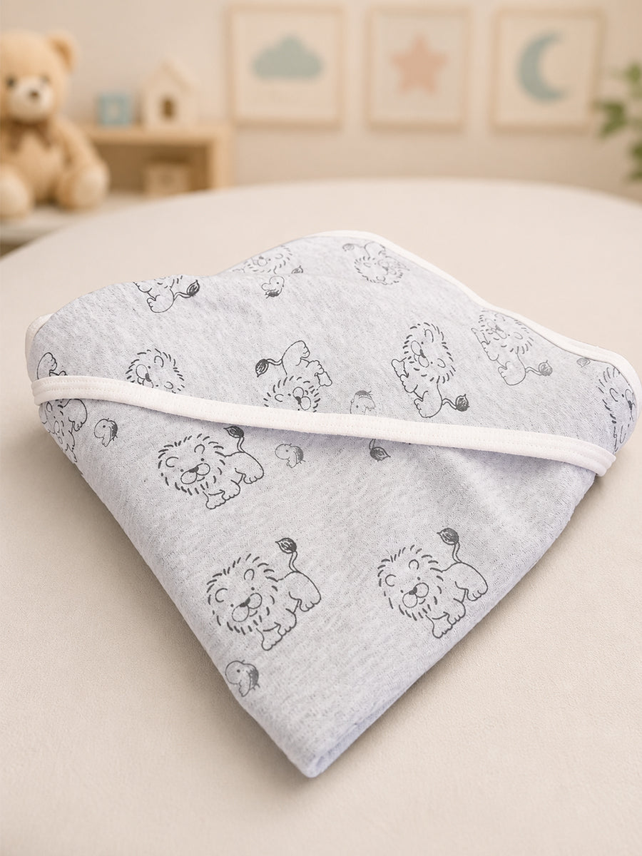 Ziva Baby Hood Towel – Grey Melange | Baby Lion Print | Knitted Cotton