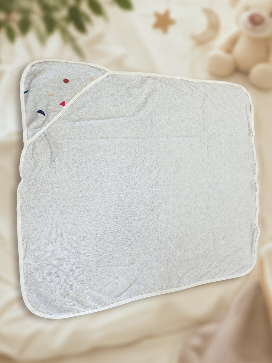 Ziva Baby Hood Towel – Melange Grey | Geometric Confetti Print | Knitted Cotton