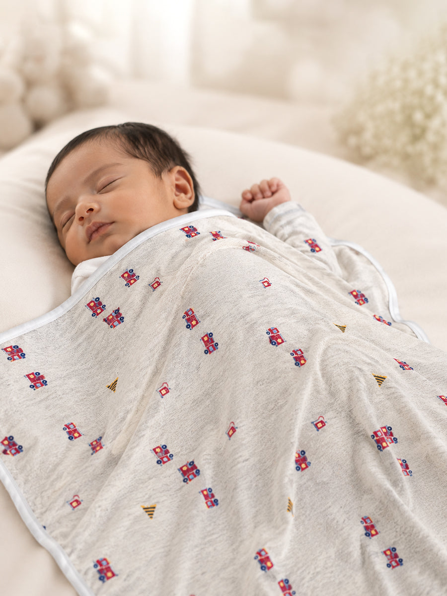 Ziva Baby Blanket – Heather Grey | Tiny Fire Truck & Road Safety Print | Knitted Cotton