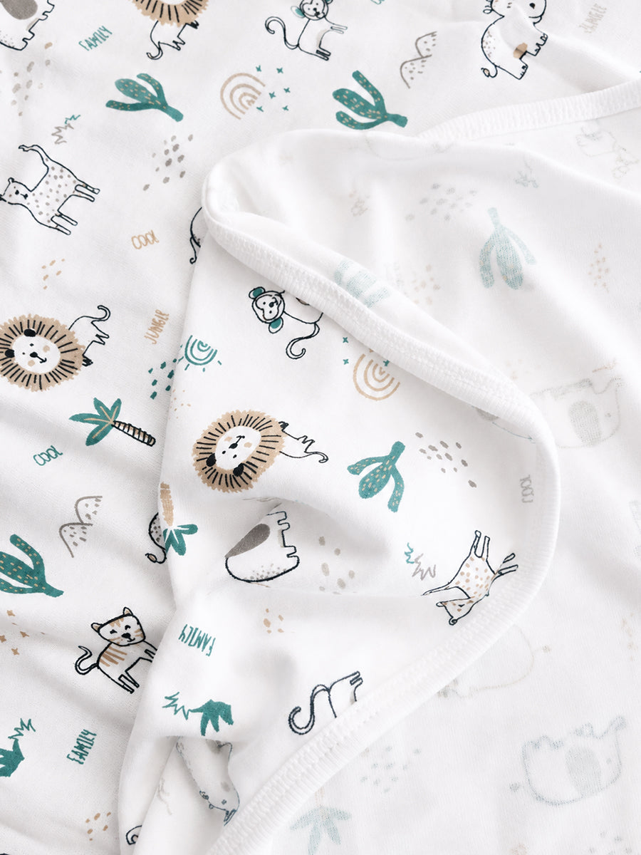 Ziva Baby Blanket – White | Tiny Safari Parade Print | Knitted Cotton