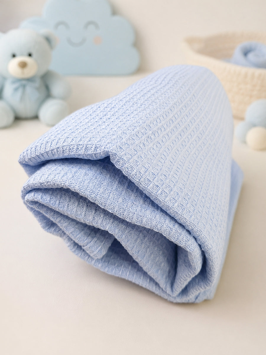 Ziva Baby Bath Towel – Baby Blue | Cotton | Square Grid Cotton Weave