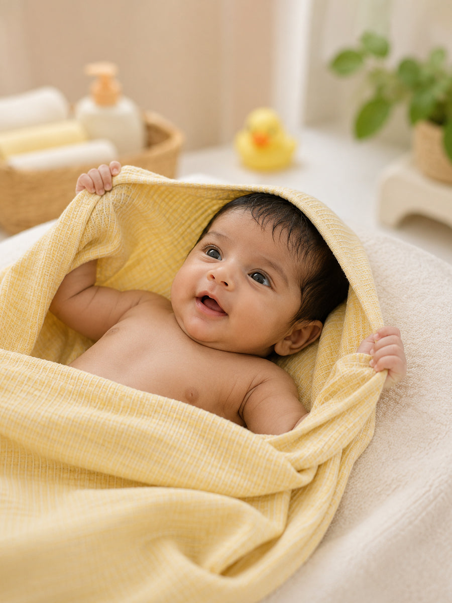 Ziva Baby Bath Towel – Soft Pastel Yellow | Cotton | Square Grid Cotton Weave