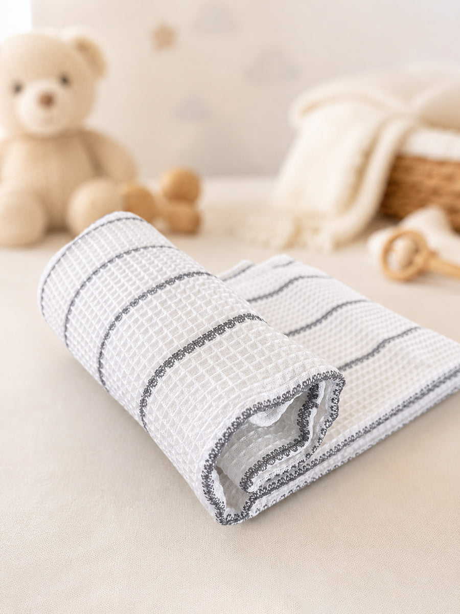 Ziva Baby Bath Towel – White | Light Black Stripe Print | Cotton | Square Grid Cotton Weave