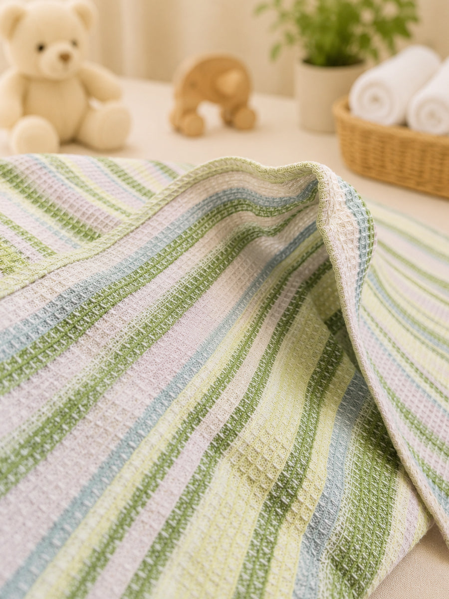 Ziva Baby Bath Towel – White | Sage Green & Dusty Blue Stripe Print | Cotton | Square Grid Cotton Weave