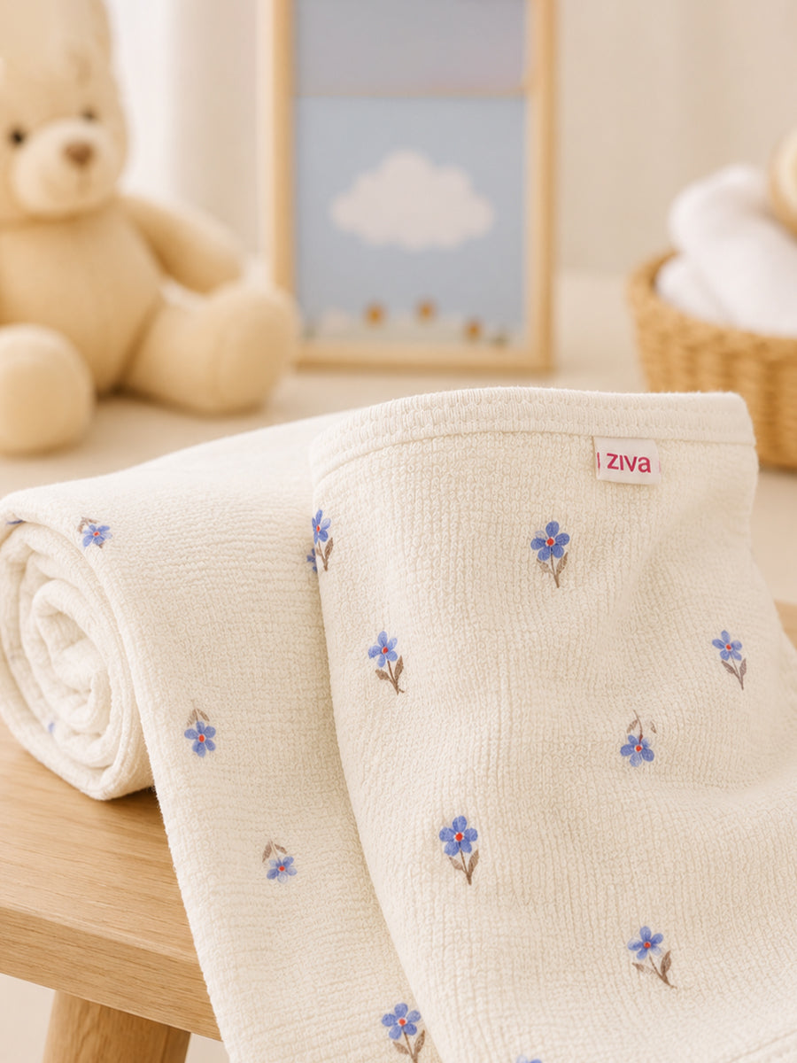 Ziva Baby Bath Towel – Off White | Dusty Blue Floral Print | Cotton | Mini Waffle Weave
