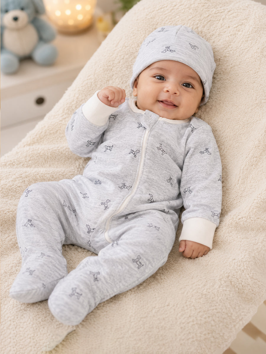 Ziva Knitted Cotton Baby Sleepsuit with Cap – Puppy Outline Print | Cloud Grey