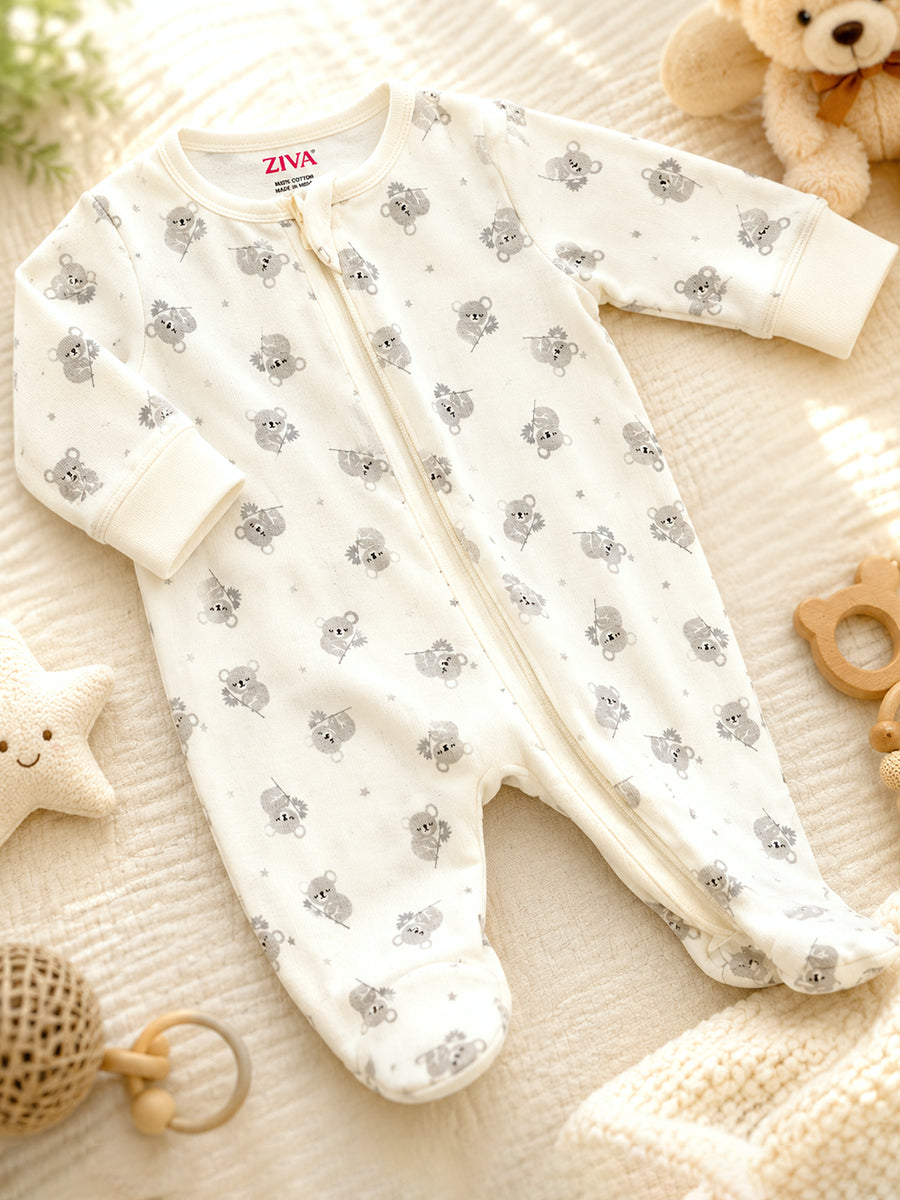 Ziva Knitted Cotton Baby Sleepsuit with Cap – Sleepy Koala Print | Ivory White