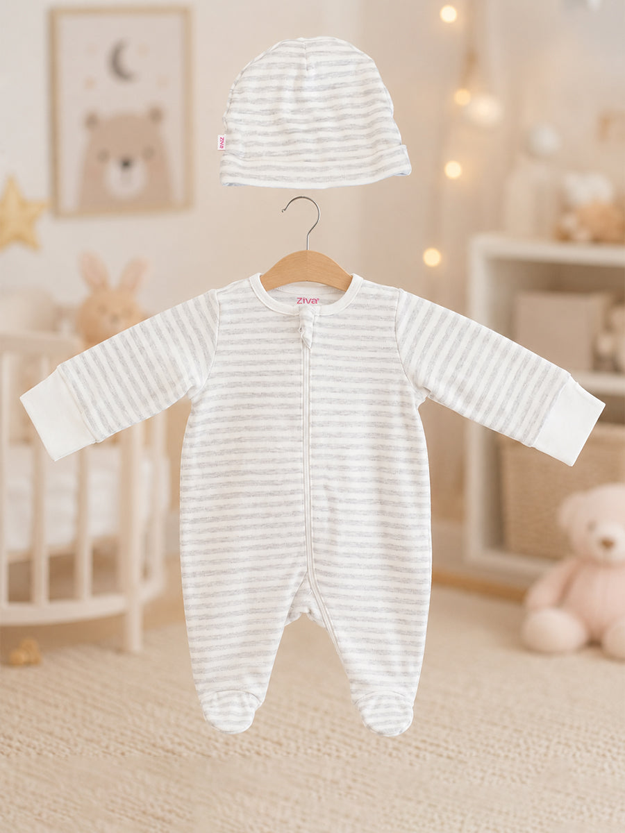 Ziva Knitted Cotton Baby Sleepsuit with Cap – White & Heather Grey Stripe Print | Fold-Over Mittens