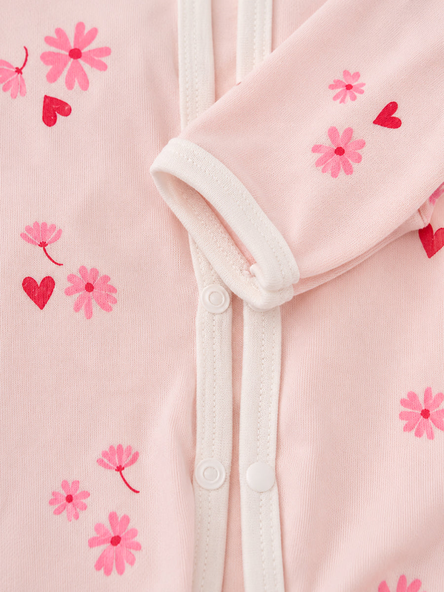 Ziva Baby Jumpsuit – Soft Baby Pink | Daisy Blossom & Heart Print | Knitted Cotton | Front Open Snap Button