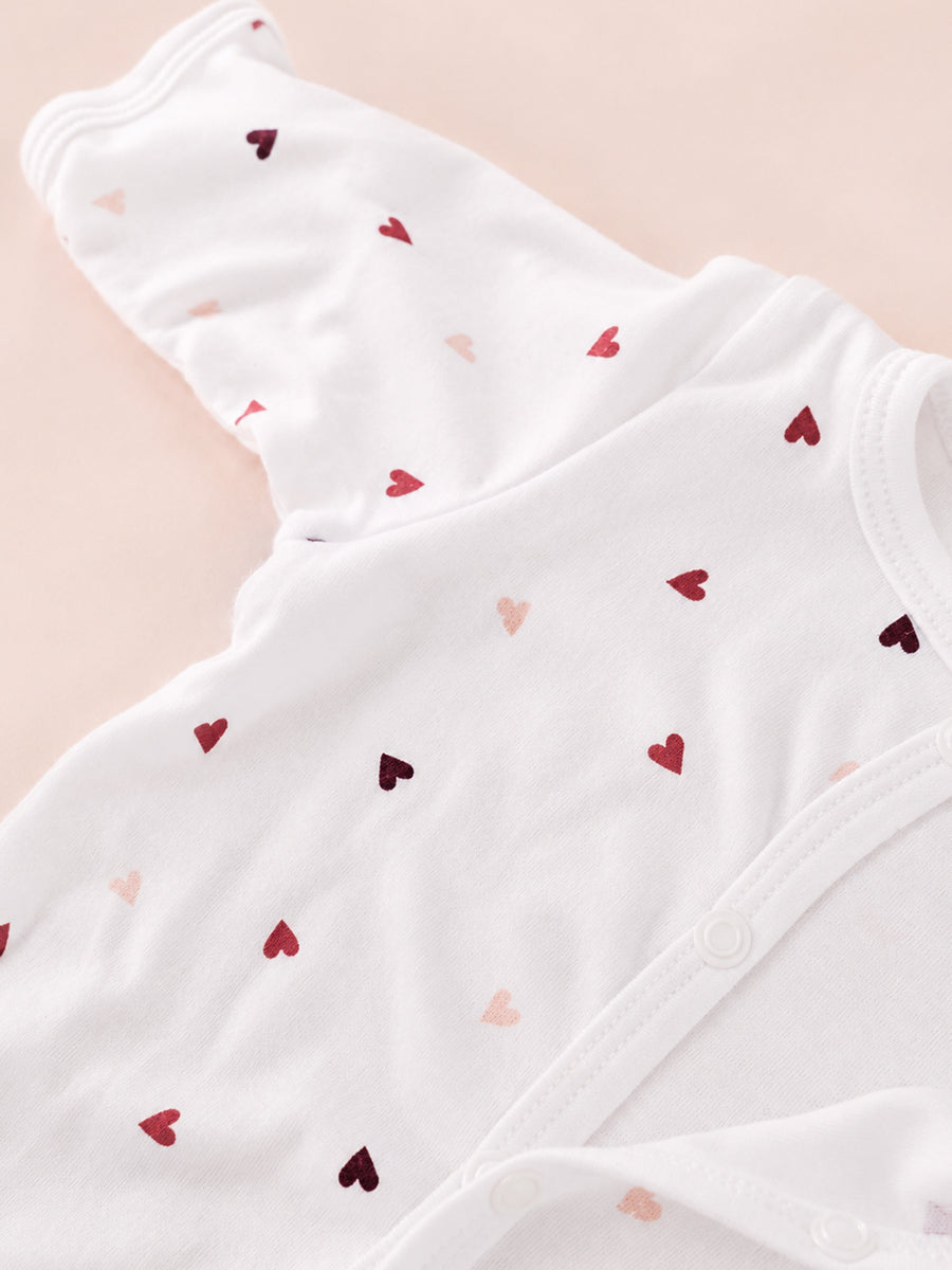 Ziva Baby Jumpsuit – White | Tiny Sweet Hearts Print | Knitted Cotton | Front Open Snap Button