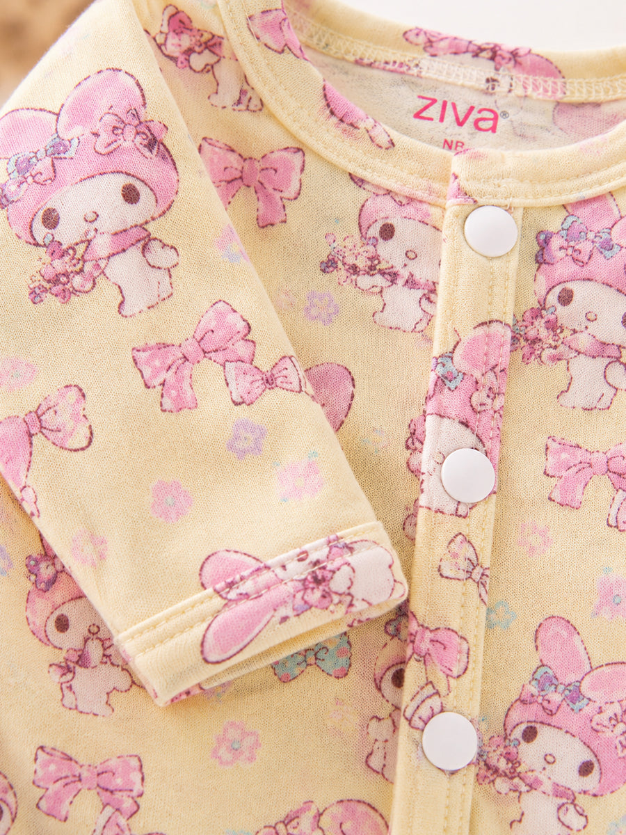 Ziva Baby Jumpsuit – Soft Butter Yellow | Pink My Melody Garden Print | Knitted Cotton | Front Open Snap Button