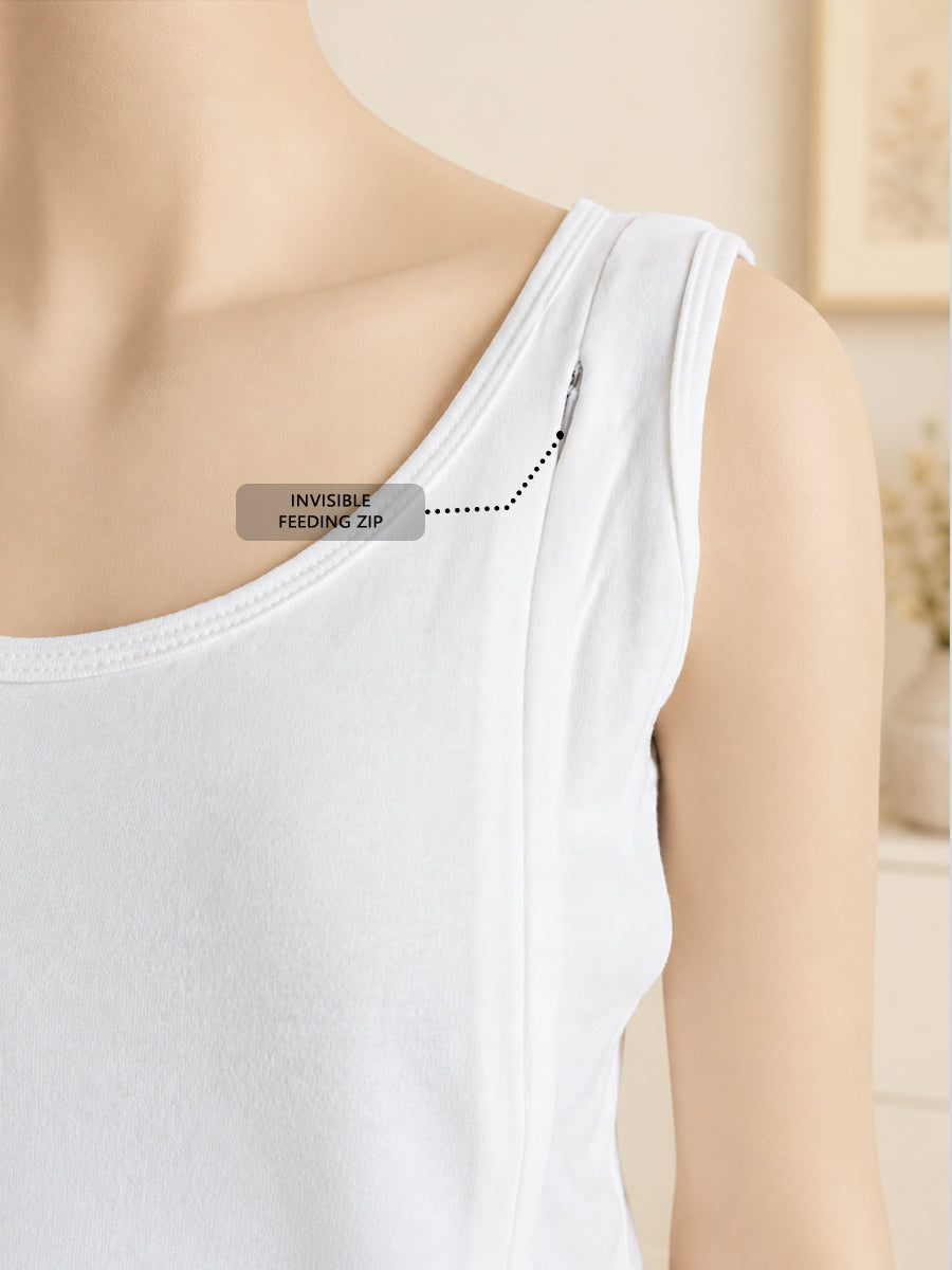 Ziva Maternity & Feeding Knitted Cotton Sleeveless Slip with Feeding Zip – White