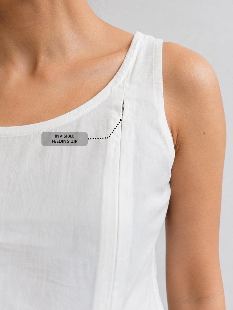 Ziva Maternity & Feeding Cotton Sleeveless Slip with Feeding Zip – White