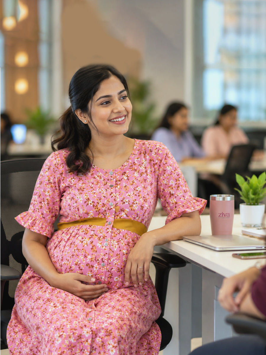 Ziva Maternity & Feeding Dress with Invisible Feeding Zip & Layered Yoke Flap Design – Pink Floral Print | Rayon