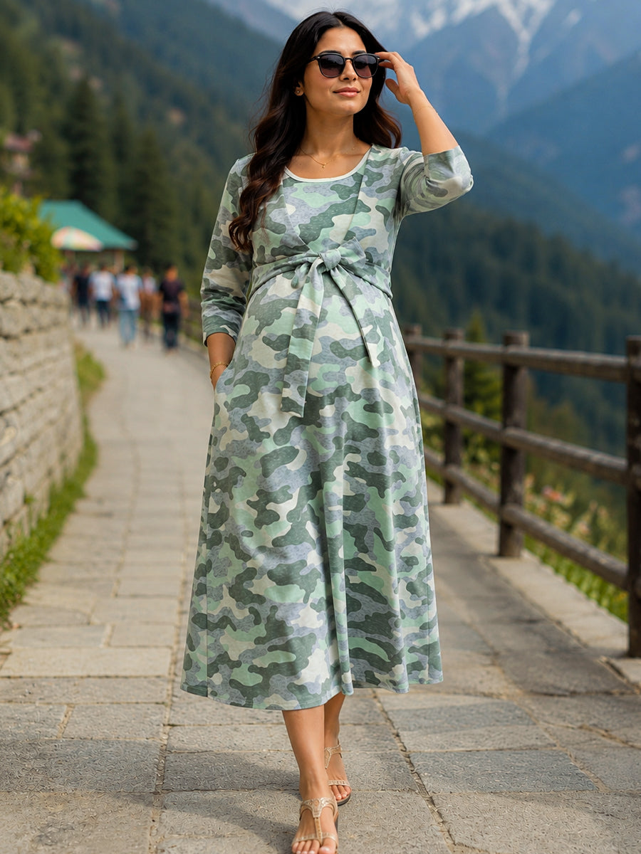 Ziva Camouflage Print Knitted Cotton Maternity & Feeding Zipless Dress with Concealed Side-Pull Nursing Access
