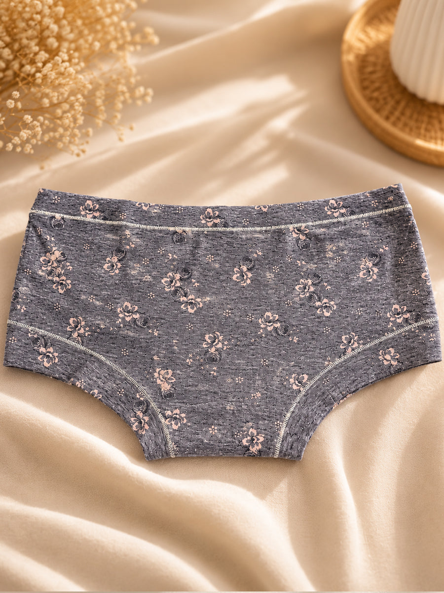 Ziva Maternity Low Waist Shorty Panty – Premium Soft Viscose | Blush Vintage Bloom Print | Ash Melange