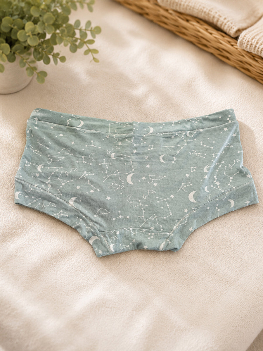 Ziva Maternity Low Waist Shorty Panty – Premium Soft Viscose | Moonlit Constellation Print | Pastel Green