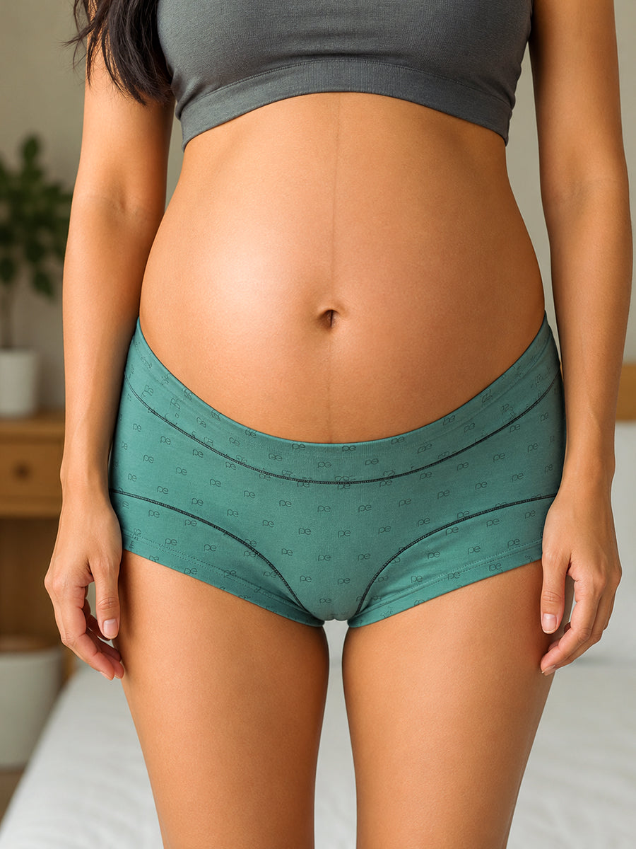 Ziva Maternity Low Waist Shorty Panty – Premium Soft Viscose | Signature Monogram Print | Forest Green