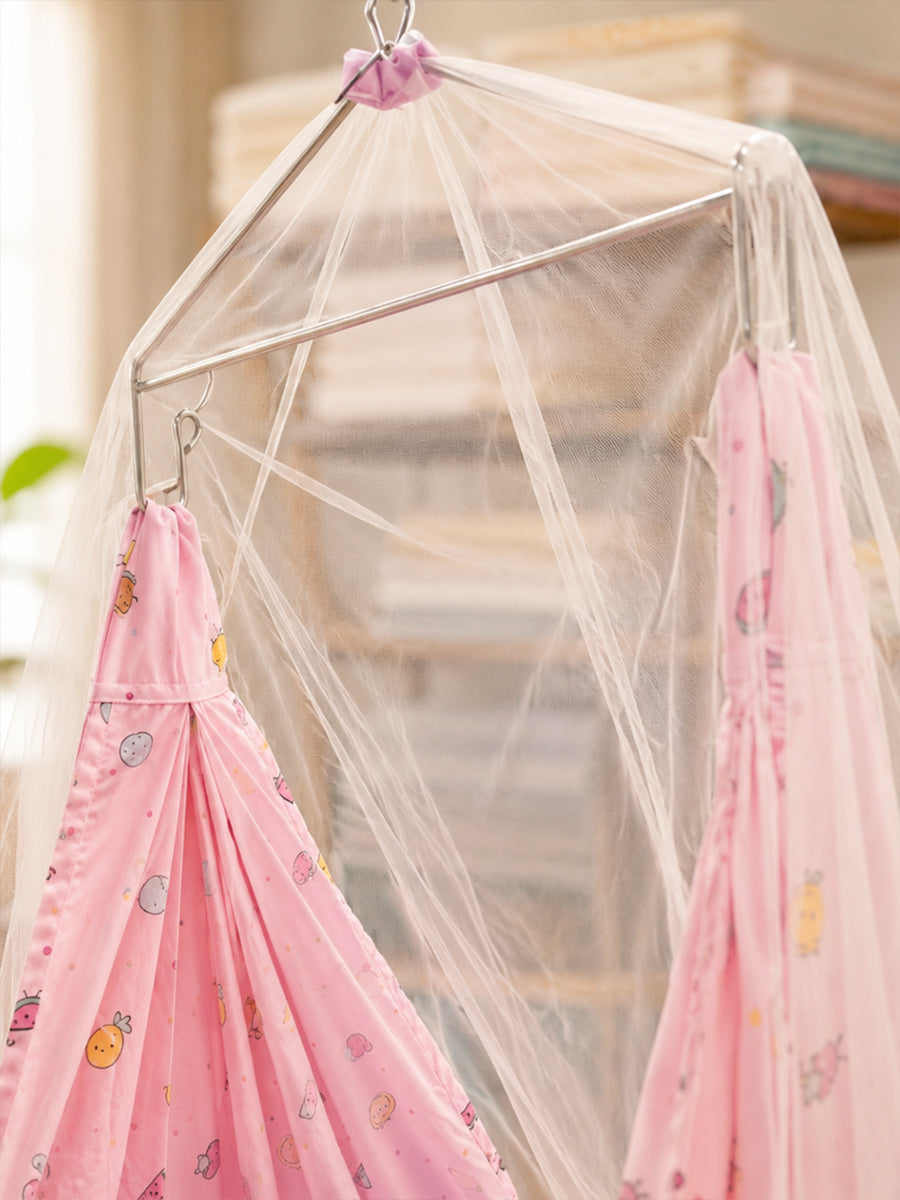 Ziva Multipurpose Cotton Baby Cradle with Bed & Convertible Swing Chair – Baby Pink Cartoon Fruit Print
