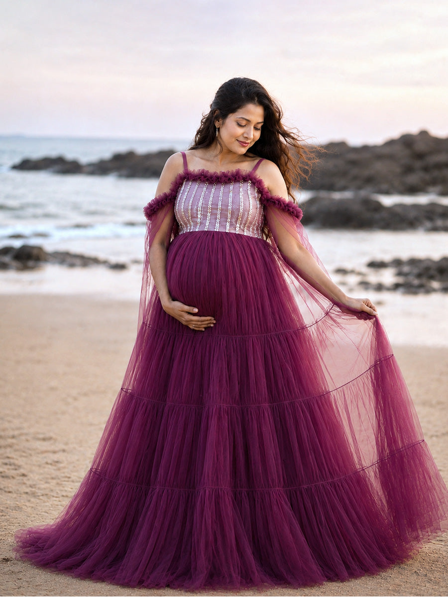 Ziva Maternity Photoshoot & Baby Shower Net Gown with Sequin Bodice & Flowing Cape Sleeves – Wine