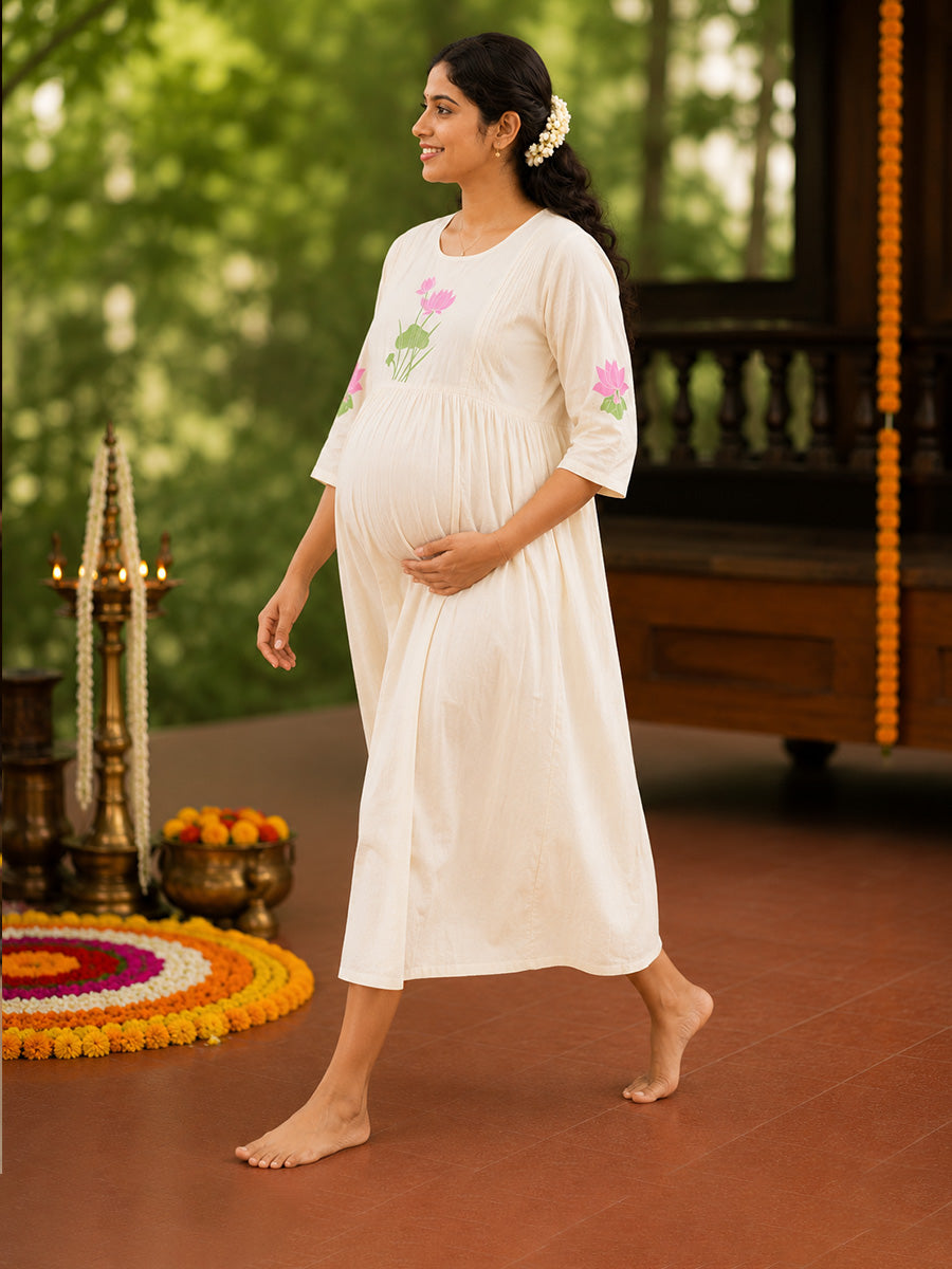 Ziva Onam Maternity & Feeding Dress | Onakodi | Light Cream Lotus Print | Invisible Feeding Zips & Side Pocket