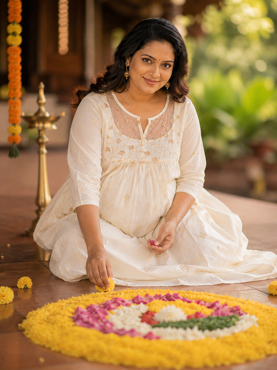 Ziva Onam Maternity & Feeding Dress | Onakodi | Light Cream Handloom Cotton with Designer Net Yoke | Invisible Feeding Zips & Side Pocket
