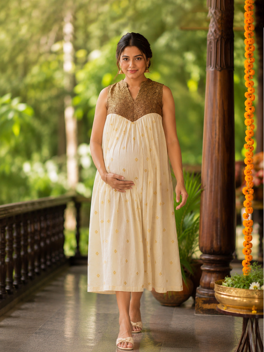 Ziva Onam Maternity & Feeding Sleeveless Dress | Onakodi | Light Cream Handloom Cotton with Caramel Brown Banarasi Yoke | Hidden Feeding Zips & Side Pocket