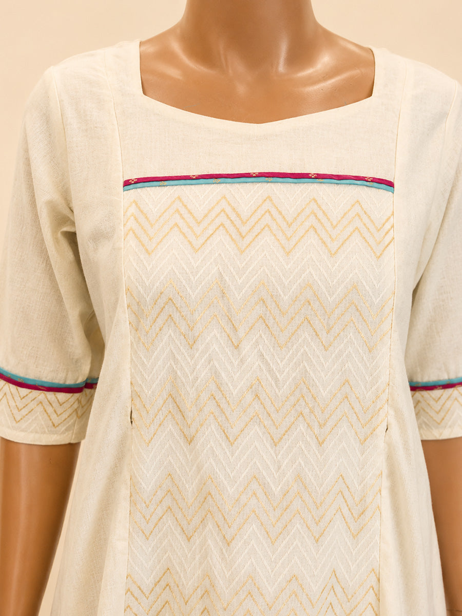 Ziva Onam Maternity & Feeding Dress | Onakodi | Light Cream Cotton | Square Neck | Invisible Feeding Zips & Side Pocket