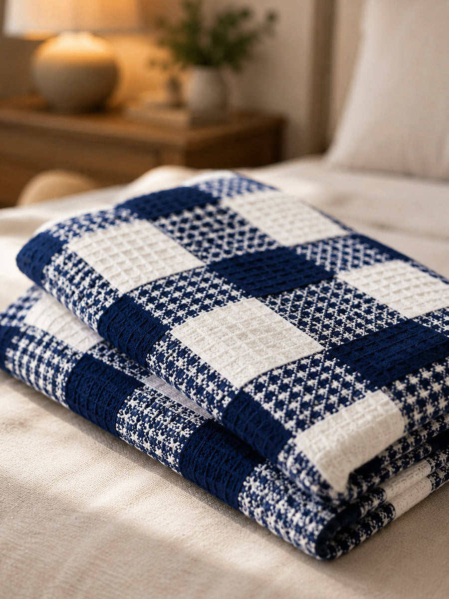 Ziva Premium Organic Cotton Waffle Blanket | Navy Blue & White | Multipurpose Pregnancy to Family Blanket | Soft & Breathable |Size- King, Queen, Twin
