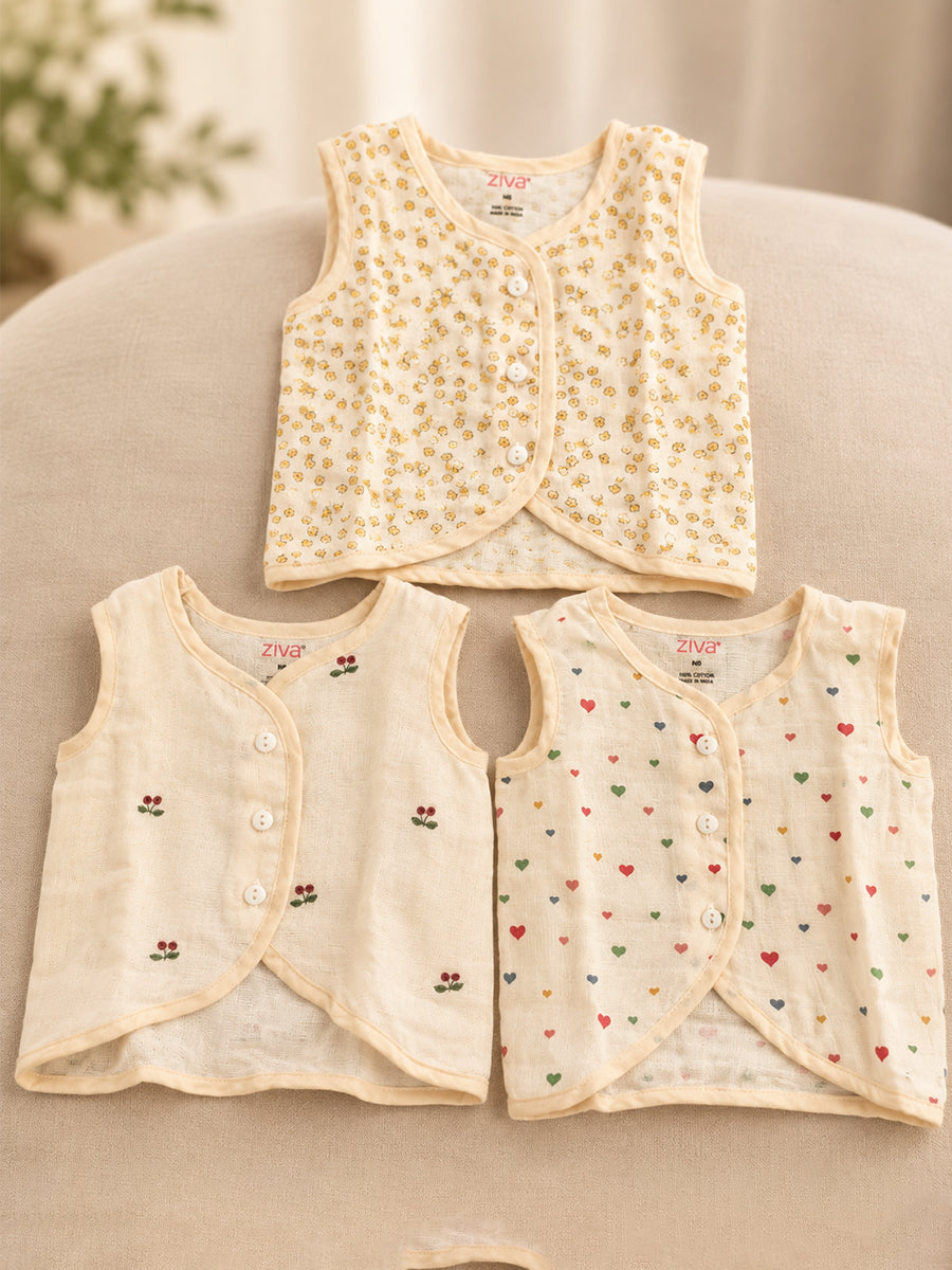 Ziva Premium Muslin Baby Jabla – Front Button | Pack of 3 Assorted Prints (Print Details: Check Product Description)