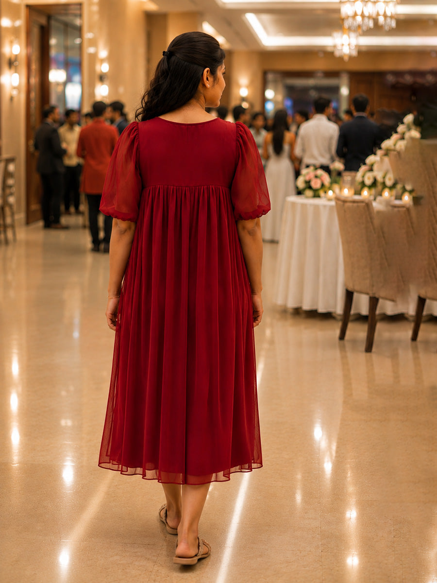 Ziva Maternity & Feeding Multipurpose Party Wear Dress – Dark Cherry Red | Concealed Feeding Zips
