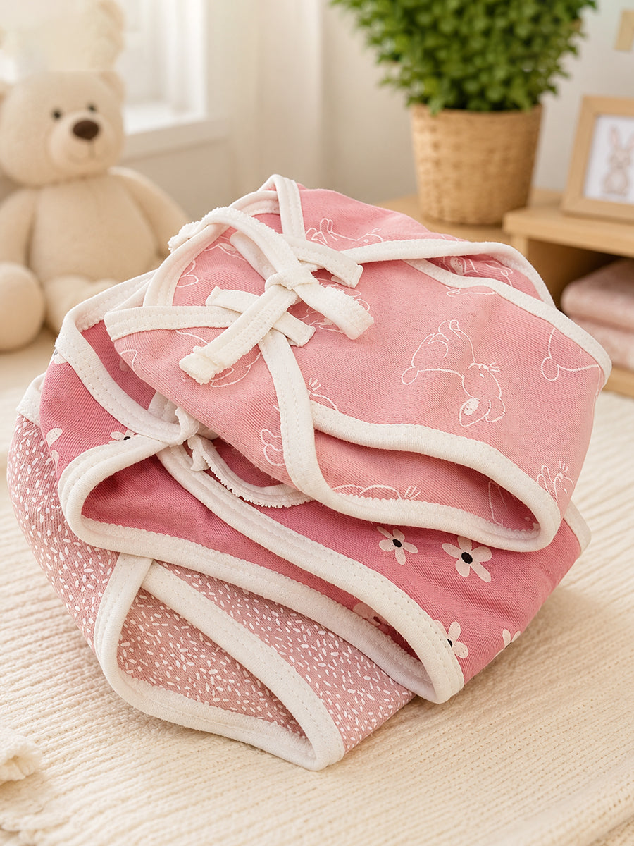 Ziva 3 Piece Nappy – Baby Girl | Adjustable Tie Nappy | Knitted Cotton | Lightly Padded Attached Insert | Assorted Pink Colors & Prints (Print Details: Check Product Description)