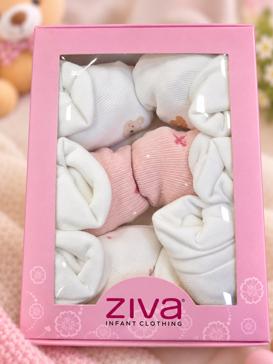 Ziva Premium Baby Booties – Pack of 3 Pairs | Knitted Cotton | Assorted Baby Girl Prints – Pink Bow, Teddy & Pastel Dot Theme (Print & Colour Details: Check Product Description)